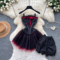 Ensemble deux pièces pour femme, sans bretelles, avec nœud décoratif, en tulle bouffant, coupe ajustée, pour soirée et club