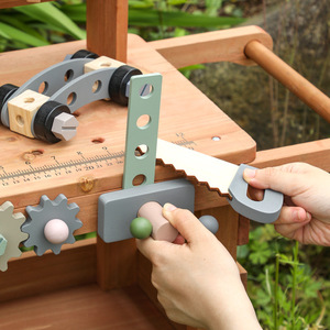 Chariot à outils en bois pour enfants, jouet électronique d'<span class=keywords><strong>atelier</strong></span> de jeu d'imitation avec outils et engrenages, jouet éducatif Montessori pour tout-petits - Product Image 4