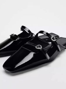 DEleventh ZAs Nouvelles chaussures pour femmes à bout rectangulaire effet cuir peint boucle à talon plat style <span class=keywords><strong>mocassin</strong></span> sandales décontractées tendance - Product Image 1