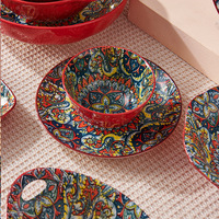 Service de table en céramique rétro de luxe léger bohème transfrontalier, comprenant des bols, des assiettes, un bol à riz et un grand bol à soupe, pour usage professionnel