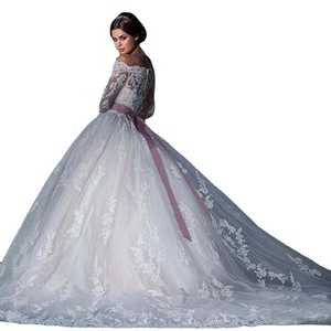 Off-the-shoulder Long Sleeve Lace Ball Gown Wedding Dress White Empire Waist Vintage Style Plus Size - Product Image 4