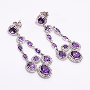 Pendientes de Plata con Gema de Amatista |   Pendientes Colgantes de Amatista Ovalada con Múltiples Piedras |   Joyería de Diseño Hecha a Mano - Product Image 2