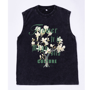 Chaleco Oversize Lavado para Hombre con Estampado de Flor de Magnolia Blanca y Fuente Gótica, Almacén de EE. UU., Venta al por Mayor, Estilo Urbano Elegante - Product Image 5