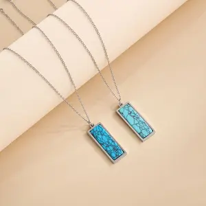 Vintage Stainless Steel Necklace Geometric Square Natural Turquoise Pendant Women Men Necklace
