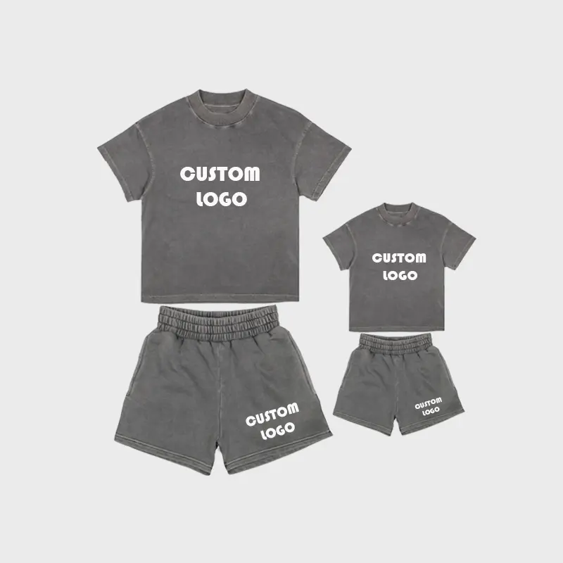 Mommy and Me Thời trang dạo phố axit rửa T-Shirt quá khổ TEE cổ điển hàng hóa Quần Short Cotton chạy bộ thể thao 2 cái Tracksuit bộ gia đình