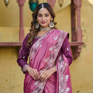 Sari de Seda Bordado para Mujer, Vestido Étnico Tradicional Indio para Bodas y Fiestas, Color Rosa Púrpura, Largo hasta el Suelo, Corte Regular - Product Image 2