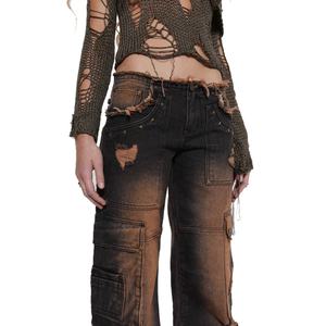 กางเกงยีนส์คาร์โก้แฟชั่นสีล้างพิเศษสำหรับผู้หญิง กางเกงยีนส์เดนิมขาดๆ สำหรับผู้หญิง - Product Image 6