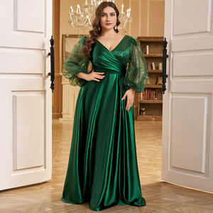 Abiti da sera di lusso taglie forti da donna, senza maniche, scollo a V, in raso e pizzo, modello a trapezio, per damigelle d'onore - Product Image 5