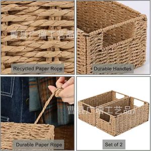 Woven Storage <b>Basket</b> Rectangle Handmade <b>Foldable</b> For Sundries Cabinet Organizer Rope Weave <b>Basket</b> - Product Image 3