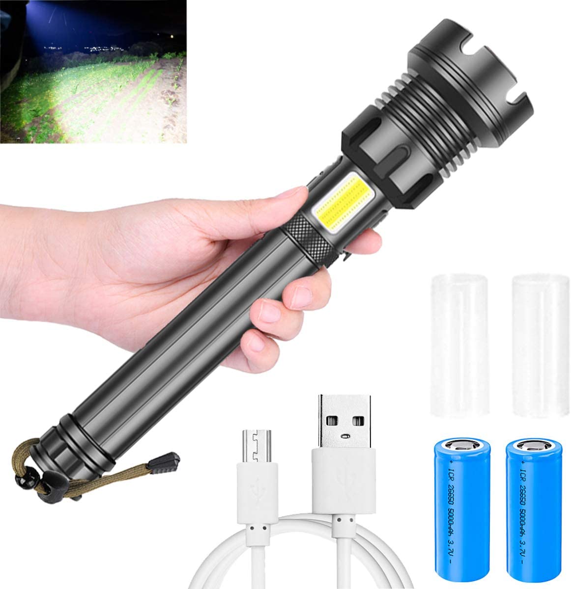 Lampe Torche LED XHP90 + COB – Rechargeable USB – Zoom – Noire – Puissance Tactique
