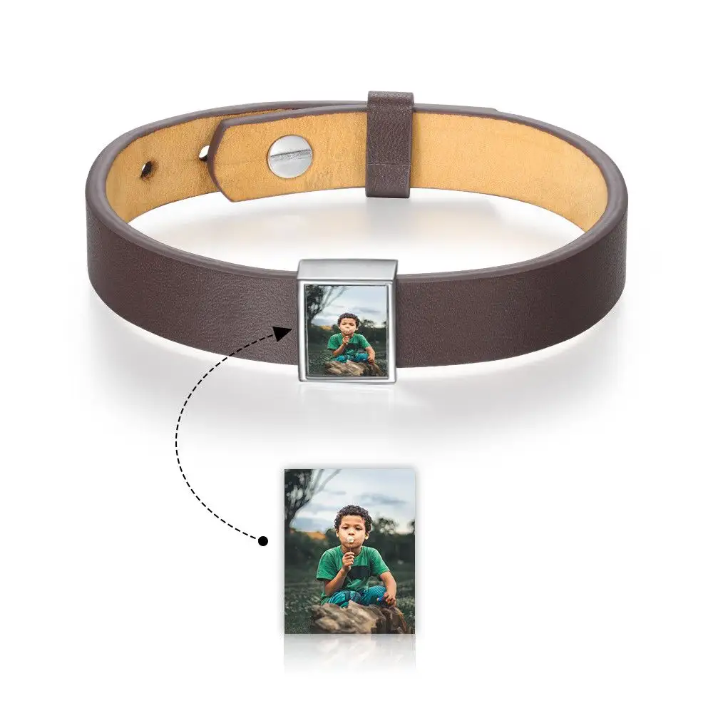 Hoge Kwaliteit Gepersonaliseerde Op Maat Gemaakte Herdenking Familie Paar Kinderen Foto Bedeltje Lederen Armband Voor Mannen