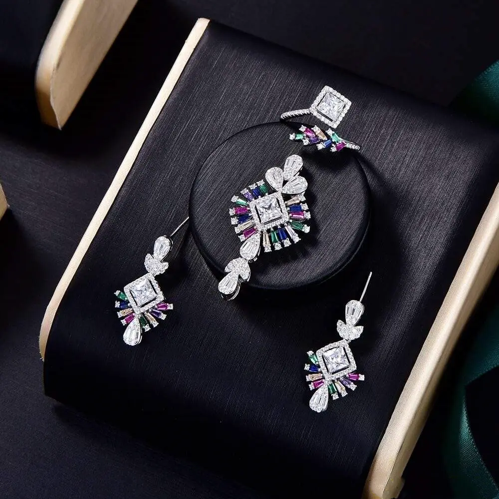 3-piece Luxury Hot Sale 925 Silver Platinum Plated Indian Jewelry Sets Women Zircon Necklace Set Wedding Bridal Jewelry Set