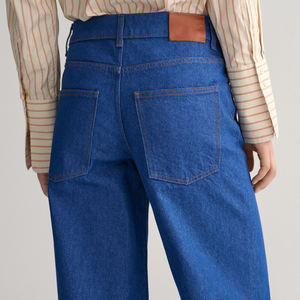 Jean bleu vif jambe large personnalisé coupe ample coutures contrastées jean taille basse jambe large pour les femmes de grande taille - Product Image 6