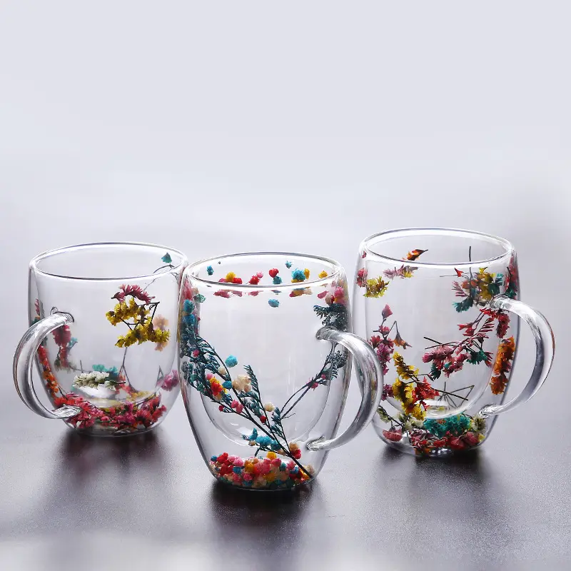 Tazas de café de vidrio de doble pared de 350ml, tazas de café de flores transparentes con asa, resistente al calor, Espresso y Latte Drinkware