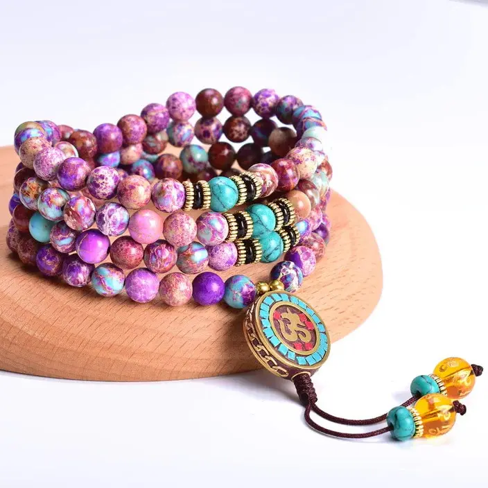 8mm 108 Mala Stone Beaded Necklaces/Bracelet Purple Emperor Jasper Pendant Yoga Meditation Mala Prayer Bead Necklace For Women
