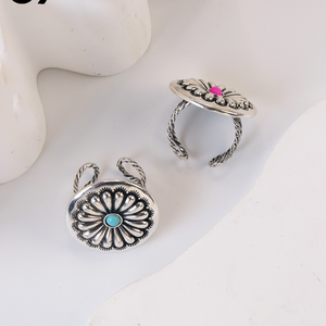 Nouvelle bague rétro ethnique en pierre turquoise sculptée en forme de fleur, style <span class=keywords><strong>bohème</strong></span> simple, ajustable pour femme et <span class=keywords><strong>homme</strong></span> - Product Image 3