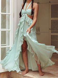 Vestido de Fiesta Largo para Mujer, Estilo Boho Vintage, con Aberturas, Sin Mangas, con Lazos en la Espalda, Color Sólido, con Volantes, para Primavera y Otoño - Product Image 5