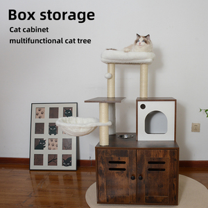 أثاث خشبي داخلي للحيوانات الأليفة ، برج شجرة القط متعدد المنصات مع خزانة مخفية ، غرفة غسيل القط ، حاوية - Product Image 4