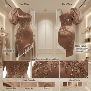 Robe de soirée élégante en satin caramel bronze à manches régulières, longueur genou, avec pompons en cristal et soutien-gorge intégré, idéale pour les cocktails et les soirées. - Product Image 3