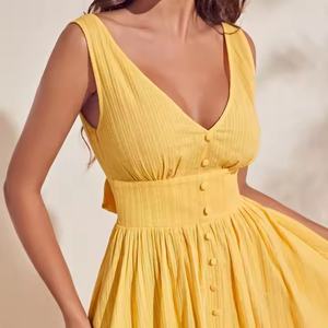 Vestido Casual Midi de Lino y Algodón Tejido para Mujer, Estilo Vintage 2025, Color Amarillo Claro, Cuello en V Profundo, Cintura Elástica - Product Image 3