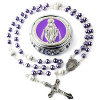Collier Chapelet Miraculeux en Perles de Verre Religieuses, Très Vendu, avec Boîte Cadeau Catholique en Métal