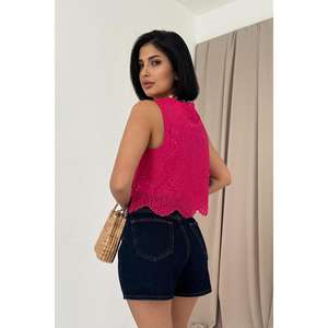 Blusa de Satén Bordada al por Mayor, Color Fucsia, sin Mangas, con Decoración de Encaje Floral, Estilo Vintage, Tallas XL, para Fiestas de Primavera/Otoño - Product Image 1