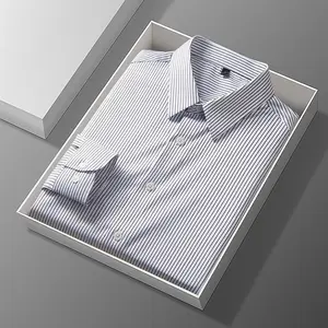Kaus bisnis pria, baju golf bordir kustom lengan panjang bergaris kualitas bagus