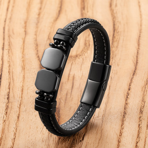 Pulsera de Cuero con Piedras Naturales <span class=keywords><strong>para</strong></span> <span class=keywords><strong>Hombre</strong></span>, Hecha a Mano, con Cordón Trenzado y Cierre de Acero Inoxidable, Brazalete Clásico - Product Image 2