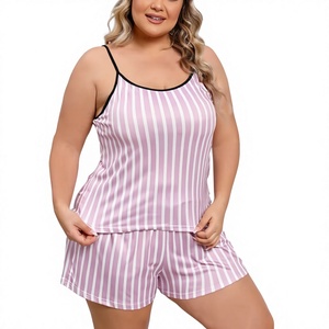 Women Elegant Striped Satin Lounge Set Sleeveless Cami Shorts Summer Sleepwear Elastic Waist 2-Piece Casual Wear Front Logo - Product Image 3