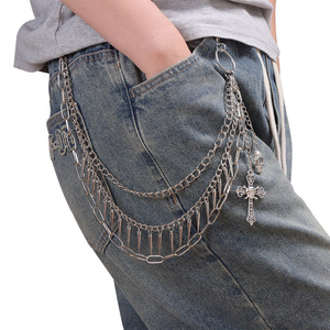 Multi Layered Studded Trouser <b>Chain</b> With <b>Cross</b> And Skull Pendant Zinc Alloy Waist <b>Chain</b> For Casual Wear - Product Image 6