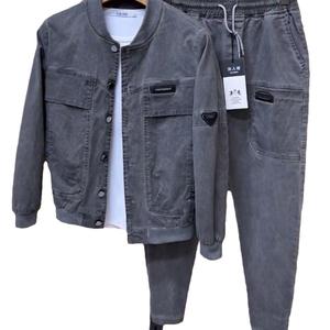 Completo Sportivo Casual da Uomo 2025 Nuovo <span class=keywords><strong>Set</strong></span> Due Pezzi Slim Fit in Denim Lavato Tinta Unita Moda Primavera e Autunno - Product Image 1