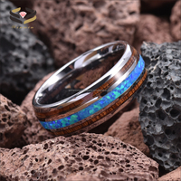 Alliance de mariage en carbure de tungstène noir argenté de 8 mm, sertissage invisible, incrustation en bois de koa, opale bleue, tendance, bagues de fiançailles pour hommes et femmes