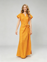 Robe décontractée vintage brodée en lin à taille naturelle, coupe trapèze asymétrique avec col à nouer, personnalisable OEM/ODM pour femme