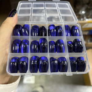 144 pièces/boîte, pointes d'ongles ovales <span class=keywords><strong>bleu</strong></span> foncé effet œil de chat, brillantes, faux ongles courts à presser, couverture complète, DIY, acrylique, faux ongles, pointe de manucure - Product Image 2
