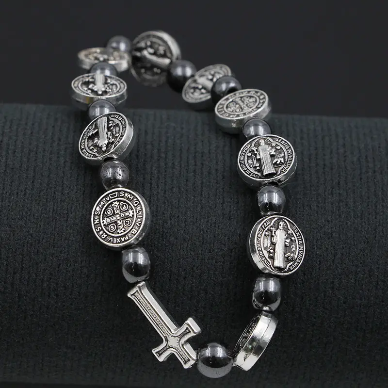 Catholic Rosary Bracelet St. Benedict Medal Cross Prayer Bracelets Hematite Beads Religious Jewelry Accessories
