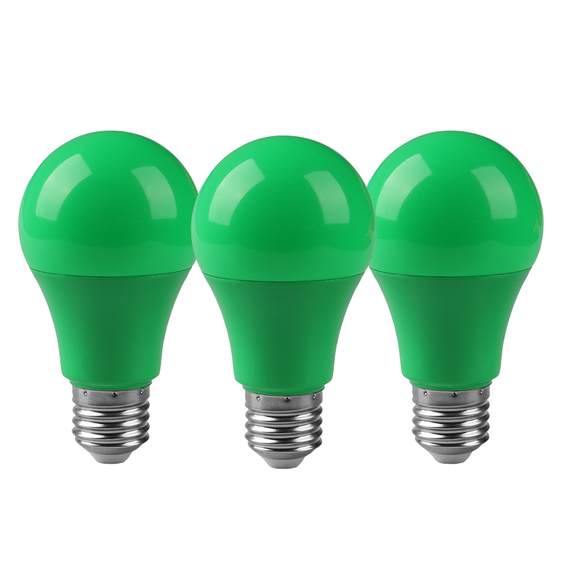 New A60 LED Color Bulb E27/B22 Base 8W 100-240V Green Plastic Body No Flicker Decorative Lighting for Hotel Bar