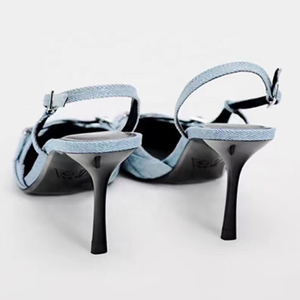 Sandales en jean à brides croisées pour femmes, talons moyens, chaussures à bride arrière, escarpins en cuir verni à bout pointu et fermé - Product Image 6