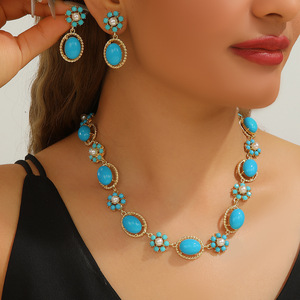 2026 Fashion Western Boho Plated True Gold Verified Flower India Wedding Necklace Turquoise Stone <strong>Pearl</strong> Jewelry <strong>Set</strong> for Women - Product Image 1