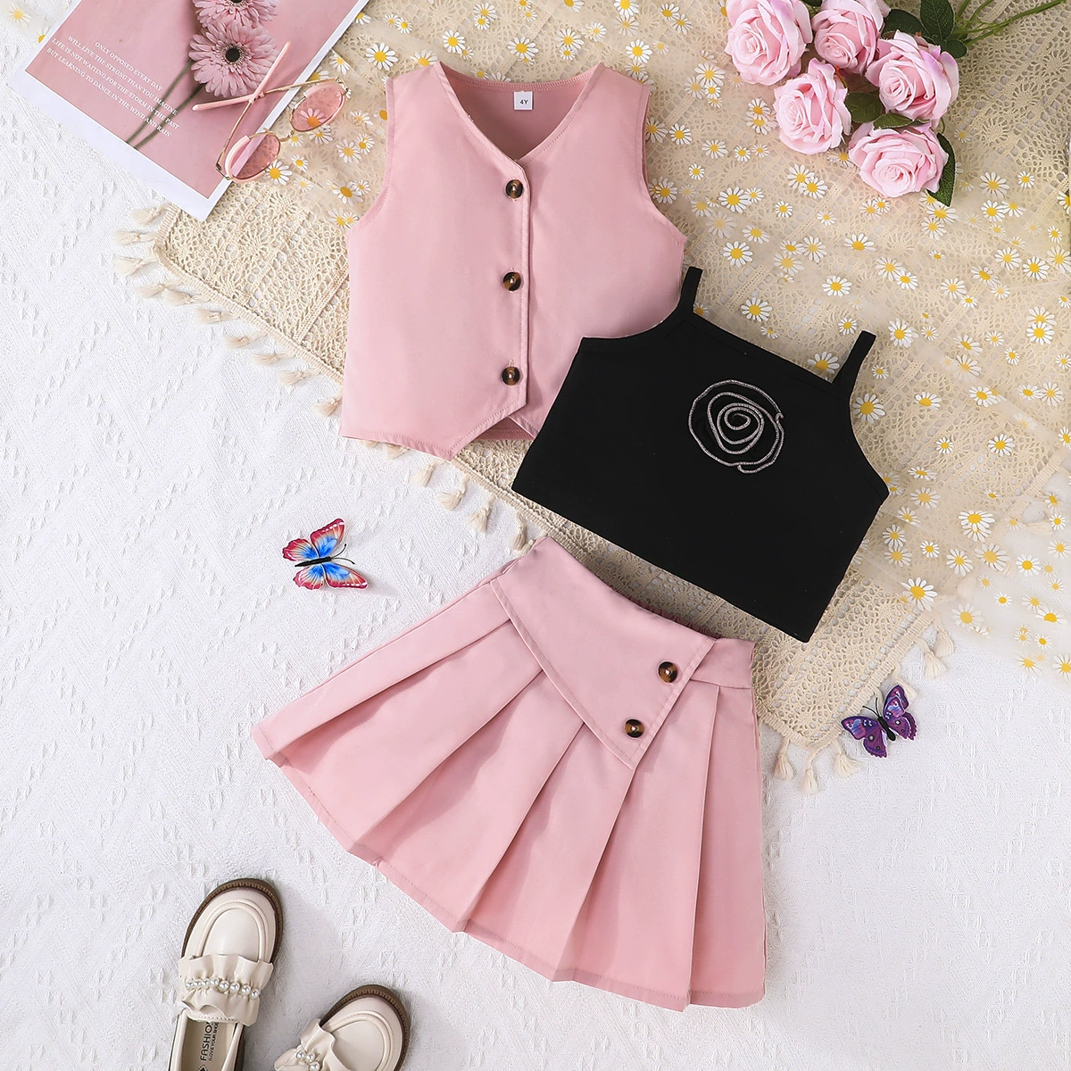 2-7 Years Summer Little Girls Clothing Set Solid Color Suspender Vest Girls Clothes
