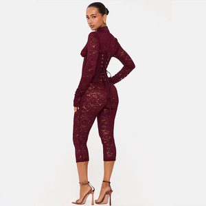 Combinaison moulante en dentelle ajourée pour femme 2026, col montant, manches longues, corset à nouer à la taille, idéale pour les soirées en club - Product Image 4