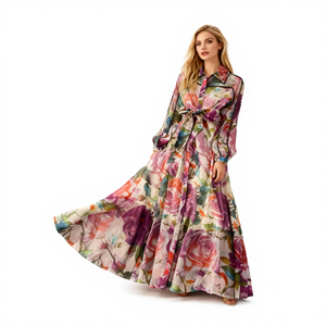 工厂批发定制花卉衬衫连衣裙女式长袖领结长款派对连衣裙 - Product Image 1