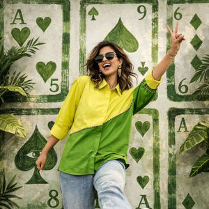 Chemise ethnique pour femme en mélange de coton, color block vert citron et vert, col classique, décontractée / pour le quotidien, cadeau éco-responsable - Product Image 1