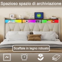 Lit en tissu beige gris avec ports USB-C intégrés, veilleuses activées par la musique et 4 paniers de rangement sous le lit à glissière fluide