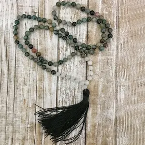 ST0616 kalung batu akik India dan batu putih Mala kalung 108 manik-manik meditasi simpul tangan perhiasan rumbai hitam untuk pria