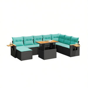 Ensemble de canapés de patio en polyrotin noir et acacia avec coussins, 10 pièces, mobilier de jardin extérieur au design contemporain - Product Image 1