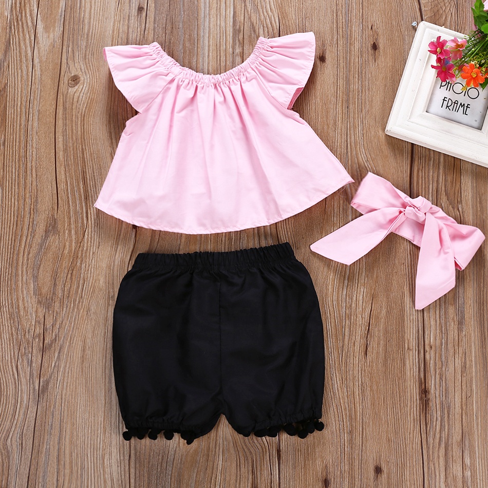 Розовая футболка без рукавов для маленьких девочек черные штаны с короткими рукавами комплект летней одежды для малышей