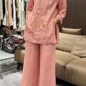 Solid Color Embroidery Three Quarter Sleeve Top Women's Suit Summer New Chinese Style Wide Leg Pants Two Piece Set - Product Image 2