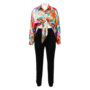 เสื้อเชิ้ตและเสื้อเบลาส์พิมพ์ลายดอกไม้ คอวี แต่งเชือกผูก สไตล์เซ็กซี่ แฟชั่นฤดูใบไม้ร่วงสำหรับผู้หญิง - Product Image 3