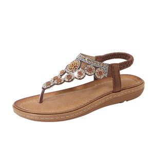 Elegant Floral Rhinestone T-Strap Flat <b>Sandals</b> With Back Strap Open Toe Slip-On Women's Summer Shoes - Product Image 4