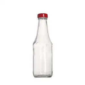wholesale clear round kitchen use 350ml 12oz sauce bottles for ketchup salad with red metal cap